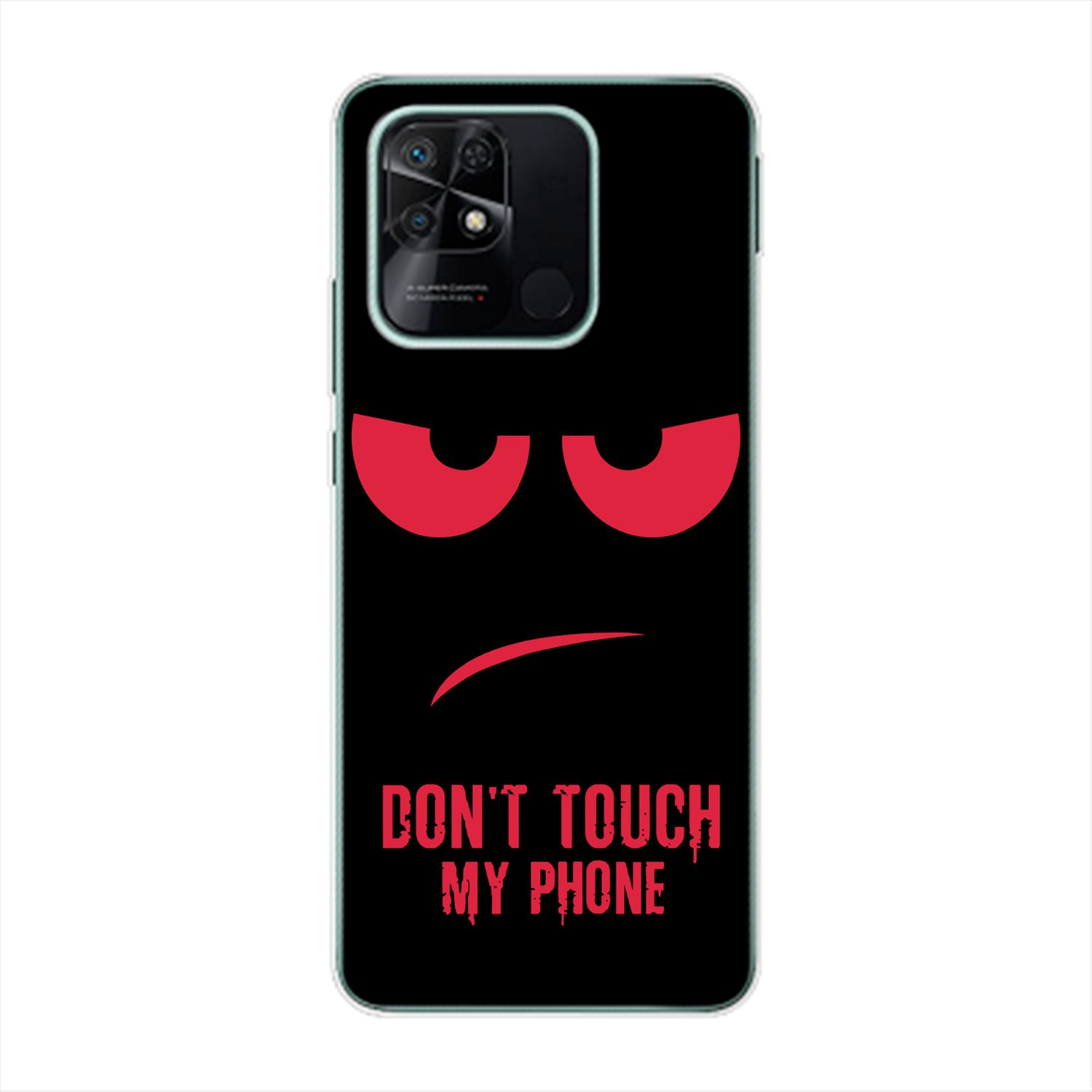 Handyhülle mit schwarzem Hintergrund und rotem wütenden Gesicht, mit 'DON'T TOUCH MY PHONE'.