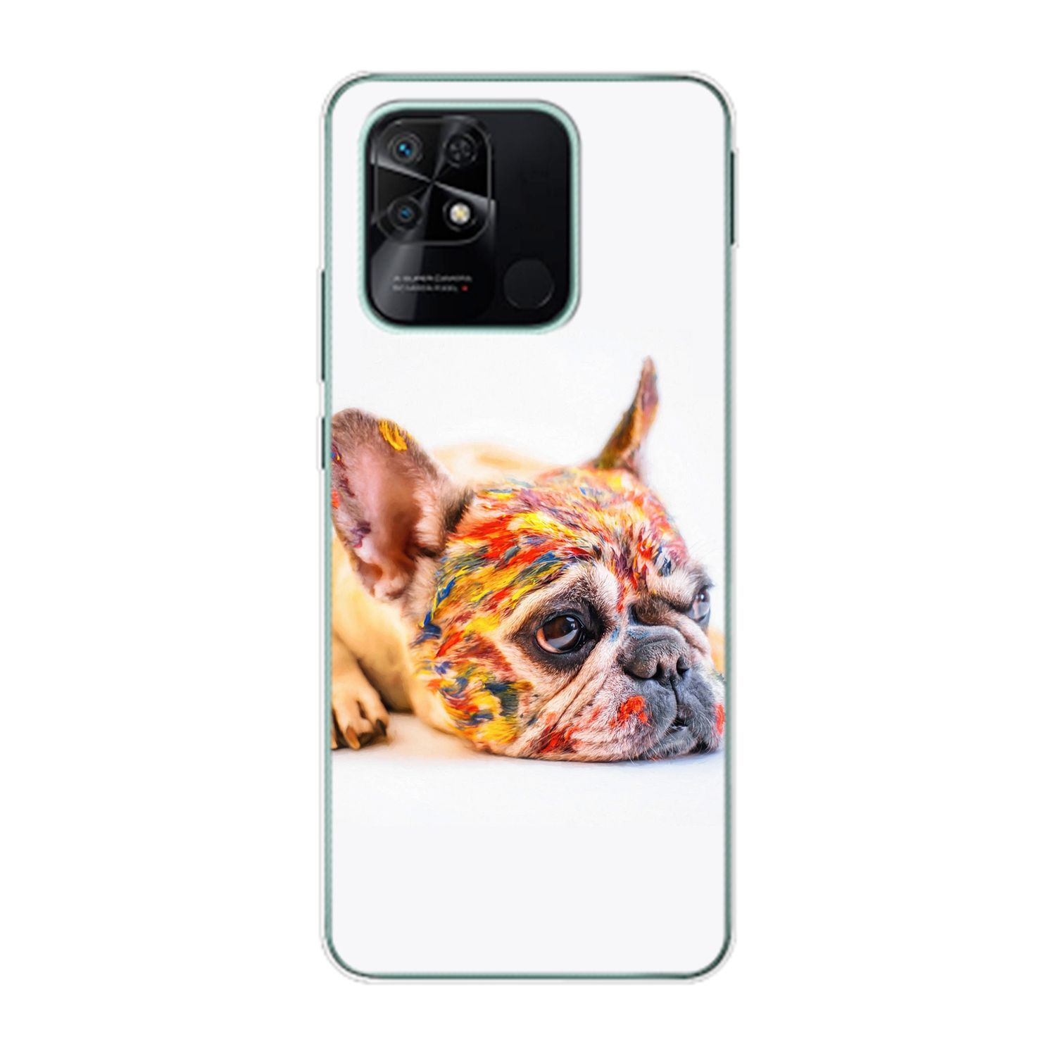 Handyhülle, eine Bulldogge mit bunter Farbe bedeckt, weißer Hintergrund.