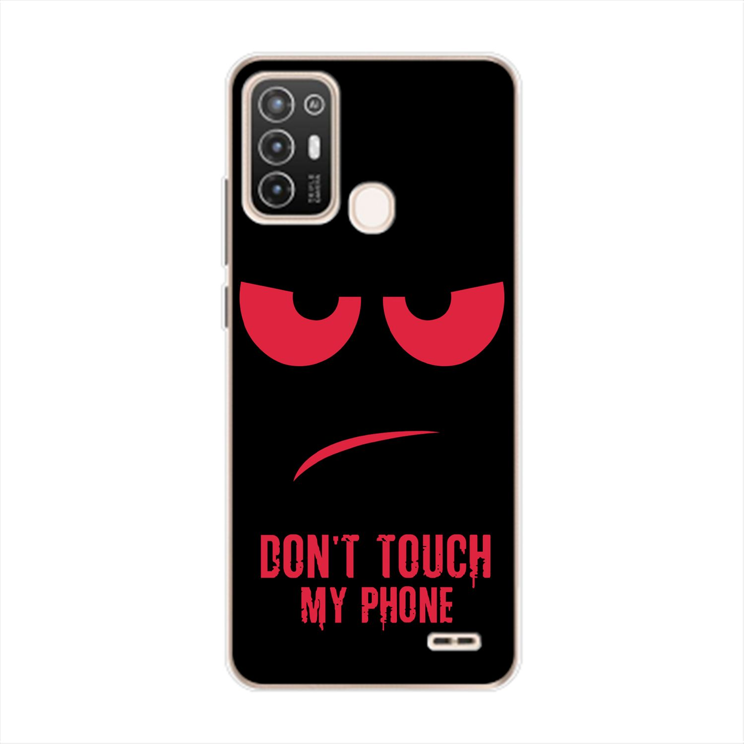 Schwarzer Hintergrund mit roten wütenden Augen, einem gebogenen Mund und dem Text 'DON'T TOUCH MY PHONE'.
