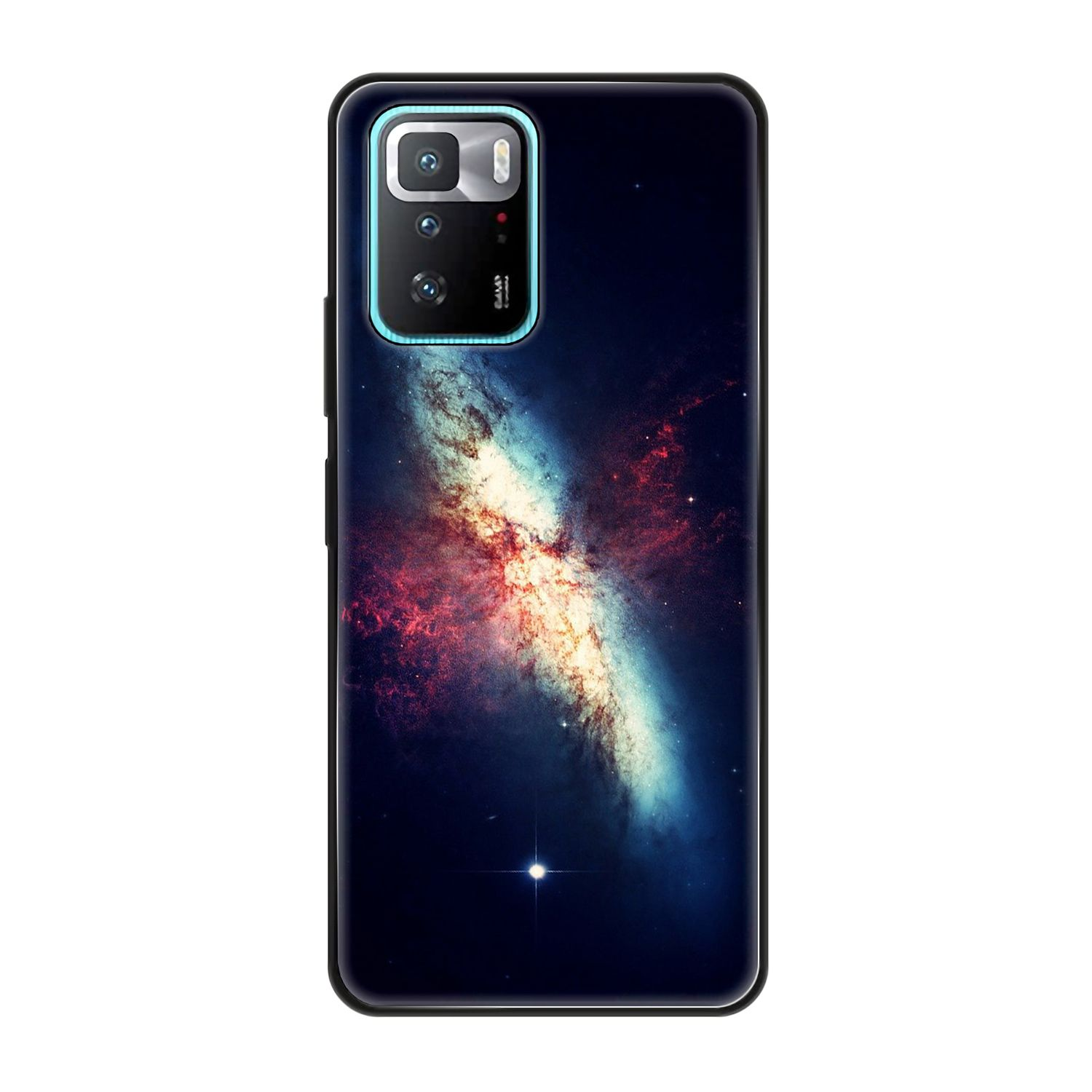 Eine lebendige Galaxie im Weltraum. Wirbel aus rotem und blauem Licht auf dunklem blauem Hintergrund.