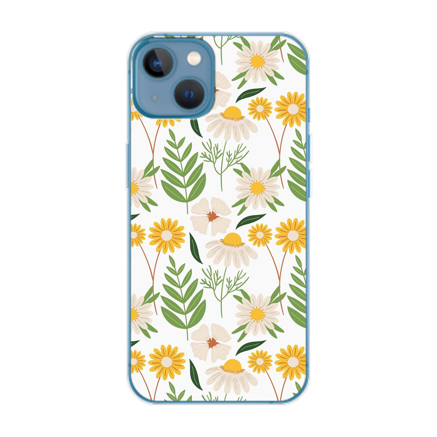 Handyhülle mit einem Blumenmuster aus Gänseblümchen und grünen Blättern auf weißem Hintergrund.