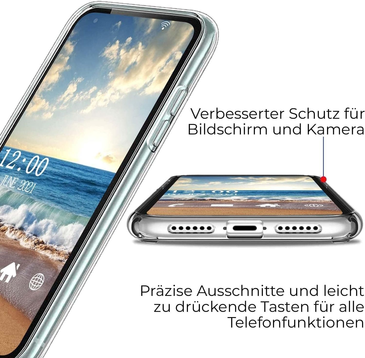 Transparente Handyhülle auf einem Telefon, das den Bildschirm zeigt. Text auf der Hülle deutet auf präzise Aussparungen hin.