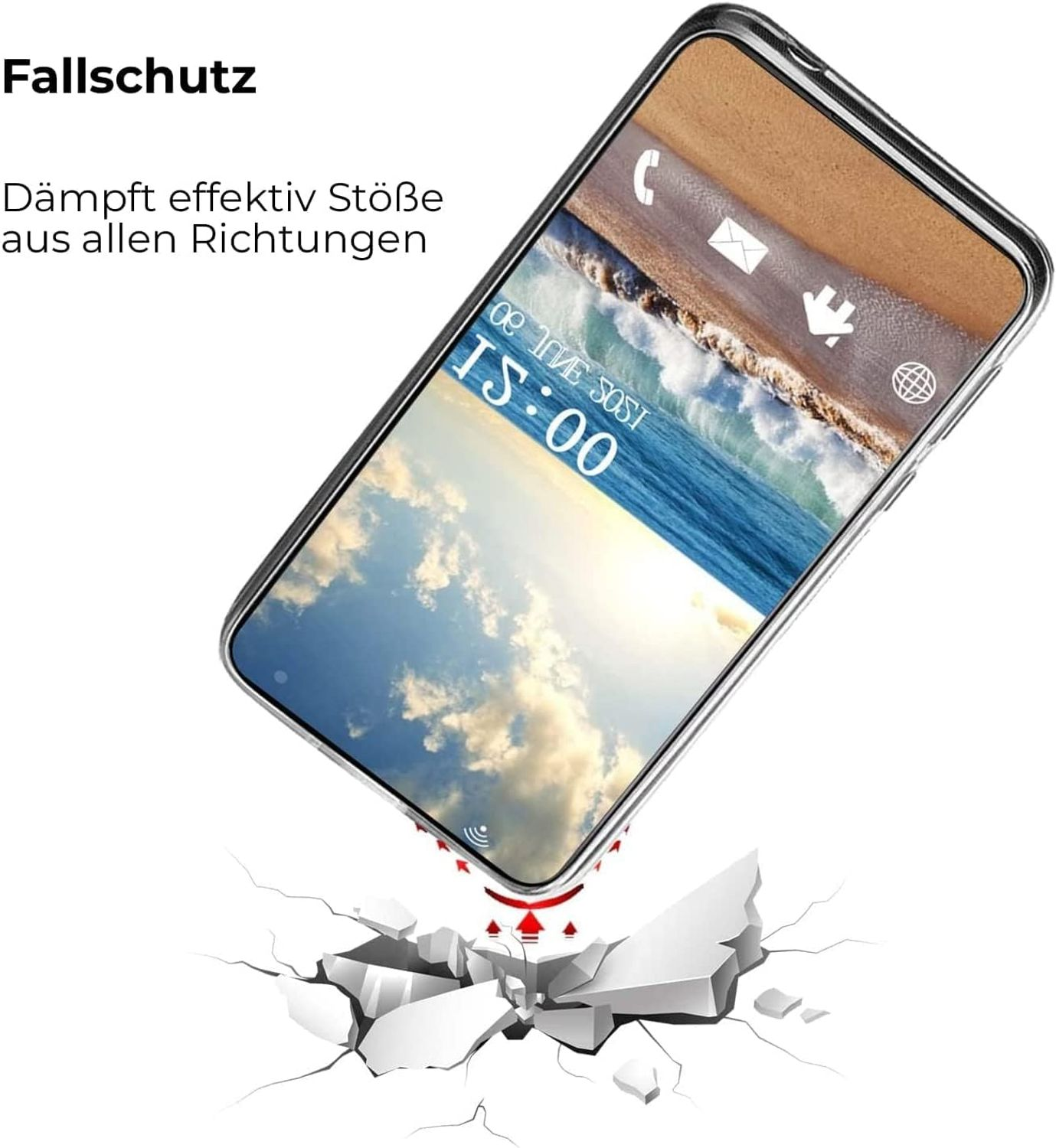 Telefon in Hülle, darunter gerissene Oberfläche. Bildschirm zeigt Strand und Uhrzeit.