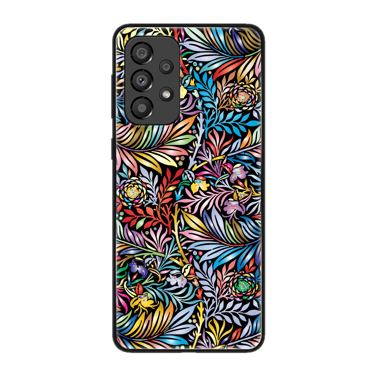Handyhülle mit einem farbenfrohen Blumen- und Blattdesign.