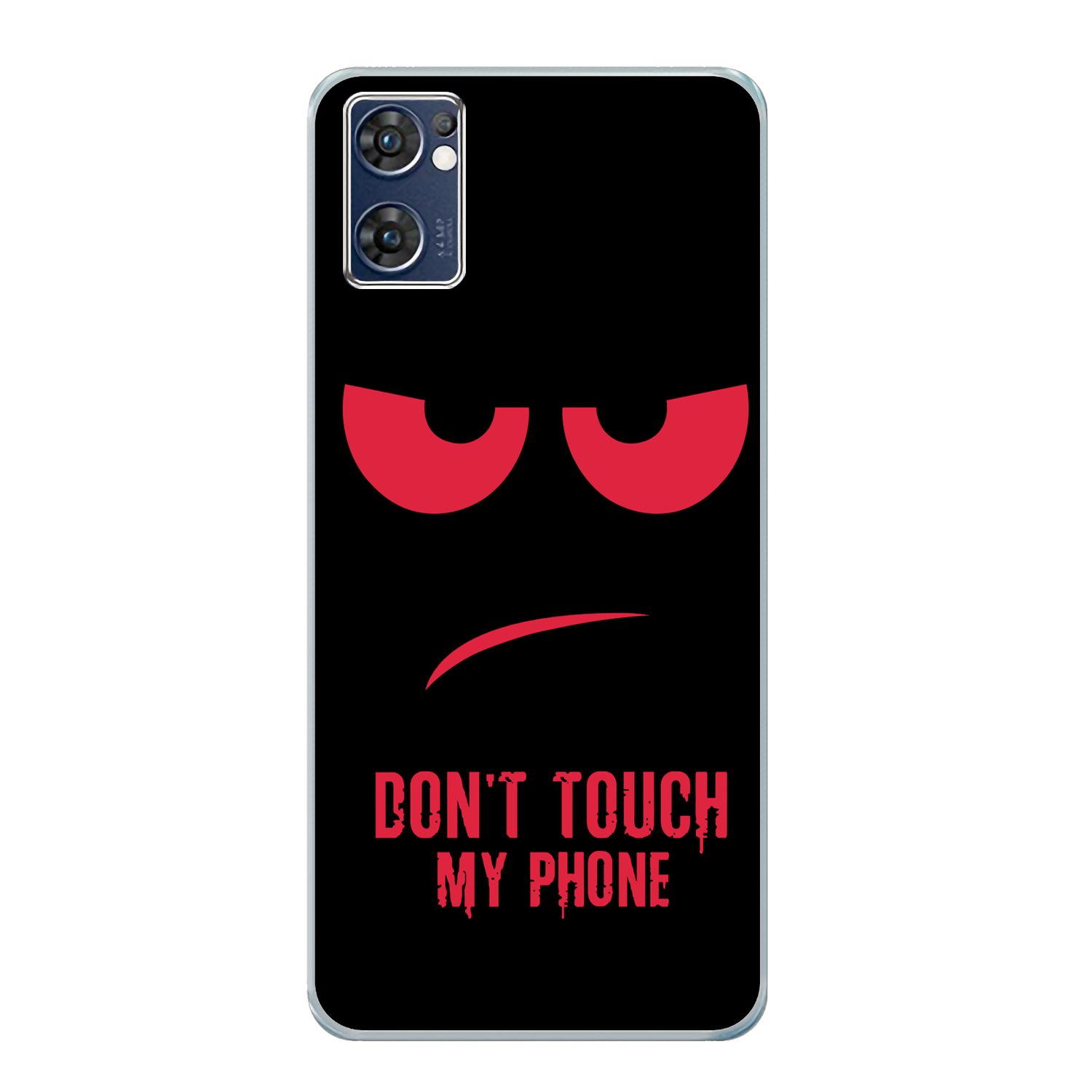 Schwarze Handyhülle mit roten, wütenden Augen und dem Text 'DON'T TOUCH MY PHONE'.