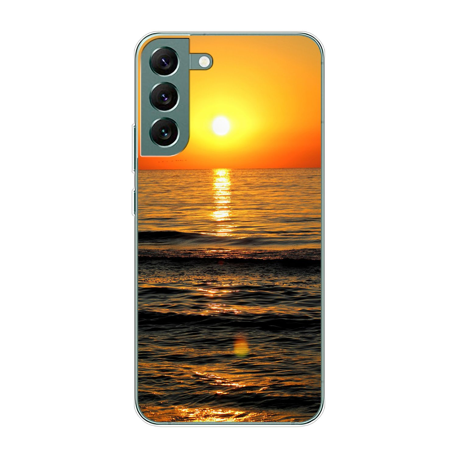 Handyhülle mit Sonnenuntergang über dem Meer. Oranger Himmel spiegelt sich im Wasser. Wellen sichtbar.