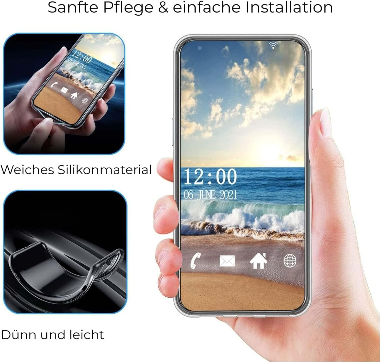 Smartphone mit Displayschutzfolie. Transparente Hülle zeigt Bildschirm und Rückseite des Telefons.