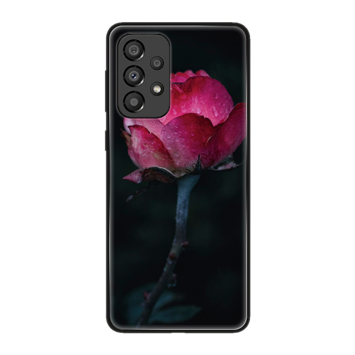 Handyhülle mit einer roten Rose mit Wassertropfen darauf vor schwarzem Hintergrund.