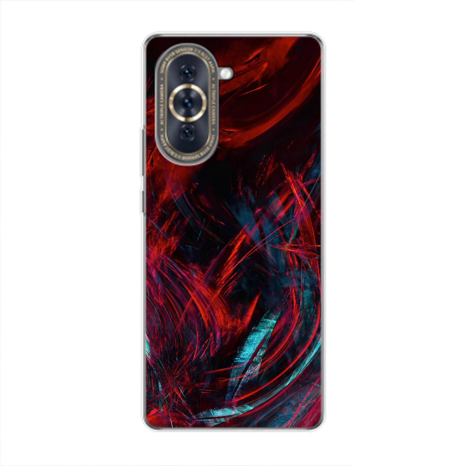 Abstrakte Kunst, rote und dunkle Farben mit hellen Strichen.