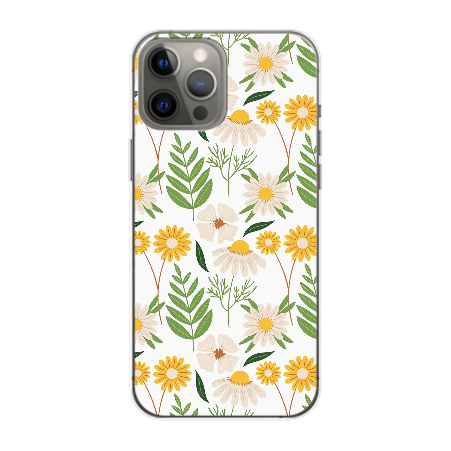 Handyhülle mit weißem Hintergrund und einem Muster aus gelben und weißen Blumen und grünen Blättern.