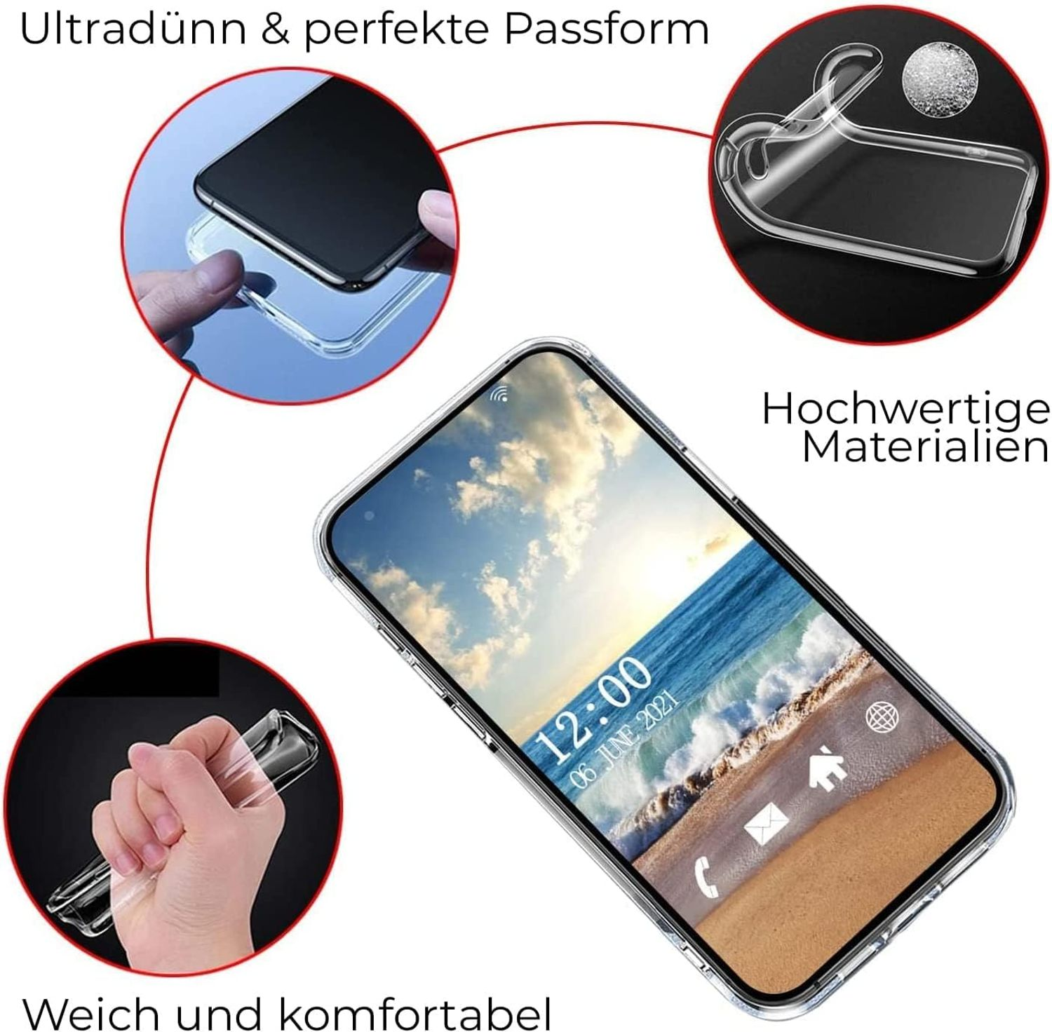 Ein Telefon in einer transparenten Hülle, das seine Eigenschaften zeigt: Schutz, Komfort und Materialien.