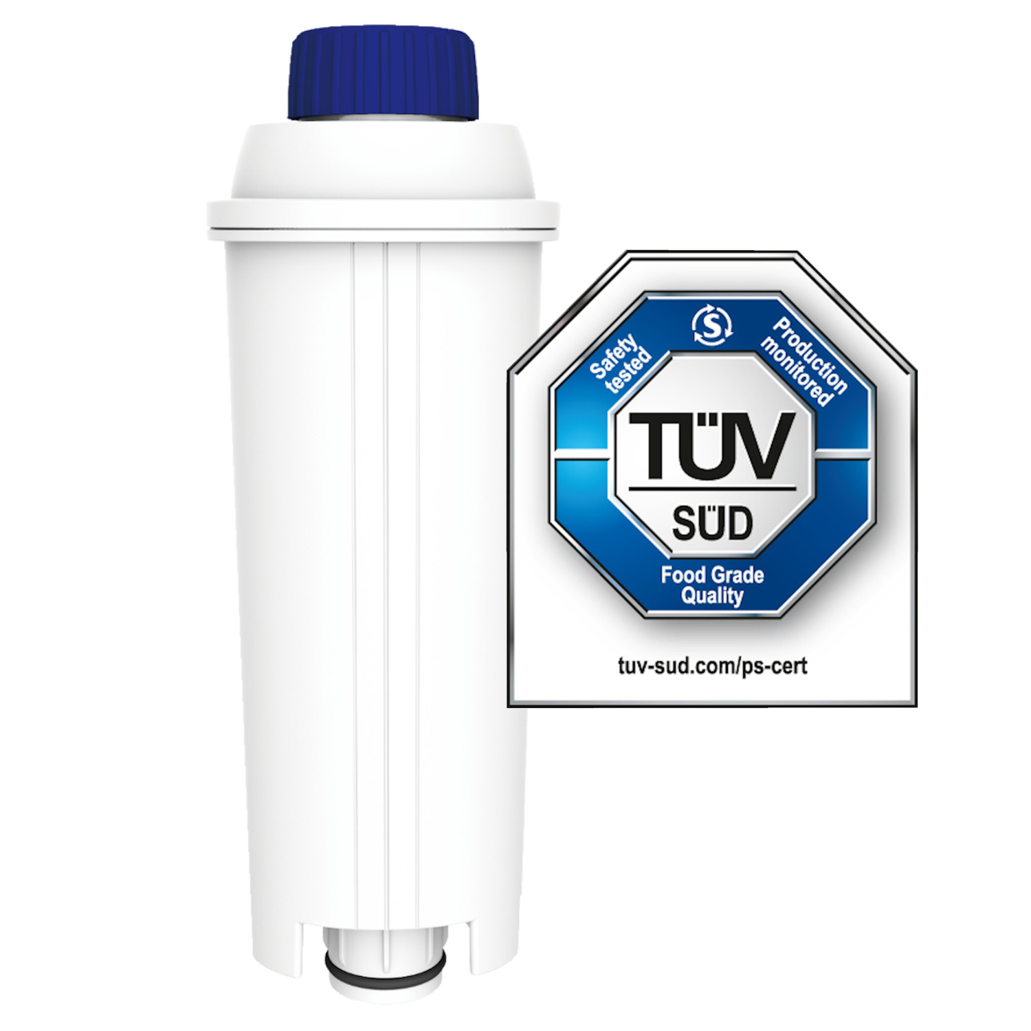 Weißer Wasserfilter mit blauem Deckel und einem TUV SUD-Etikett. Das Etikett weist auf Lebensmittelqualität hin.