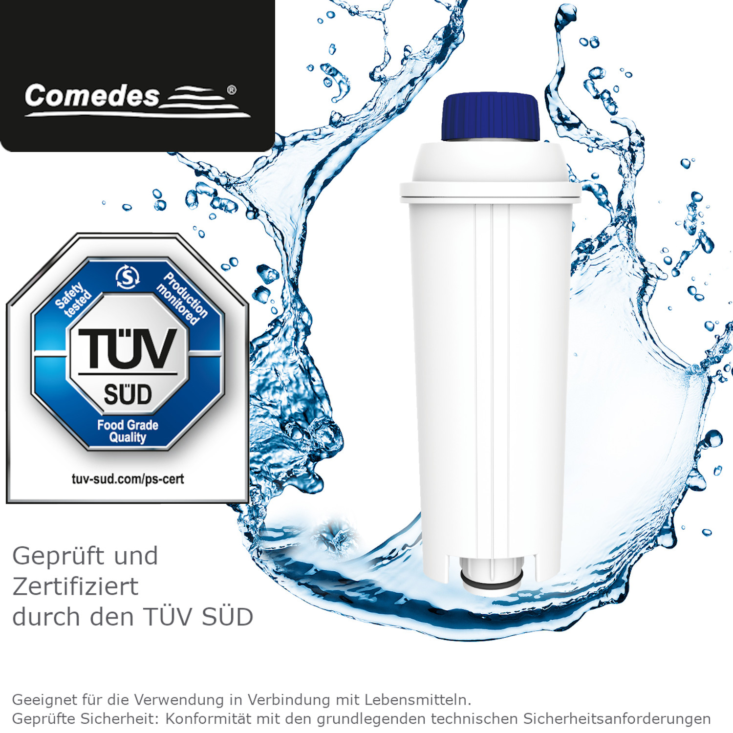 Wasserfilter mit blauem Deckel und weißem Körper. Wasser spritzt darum herum.