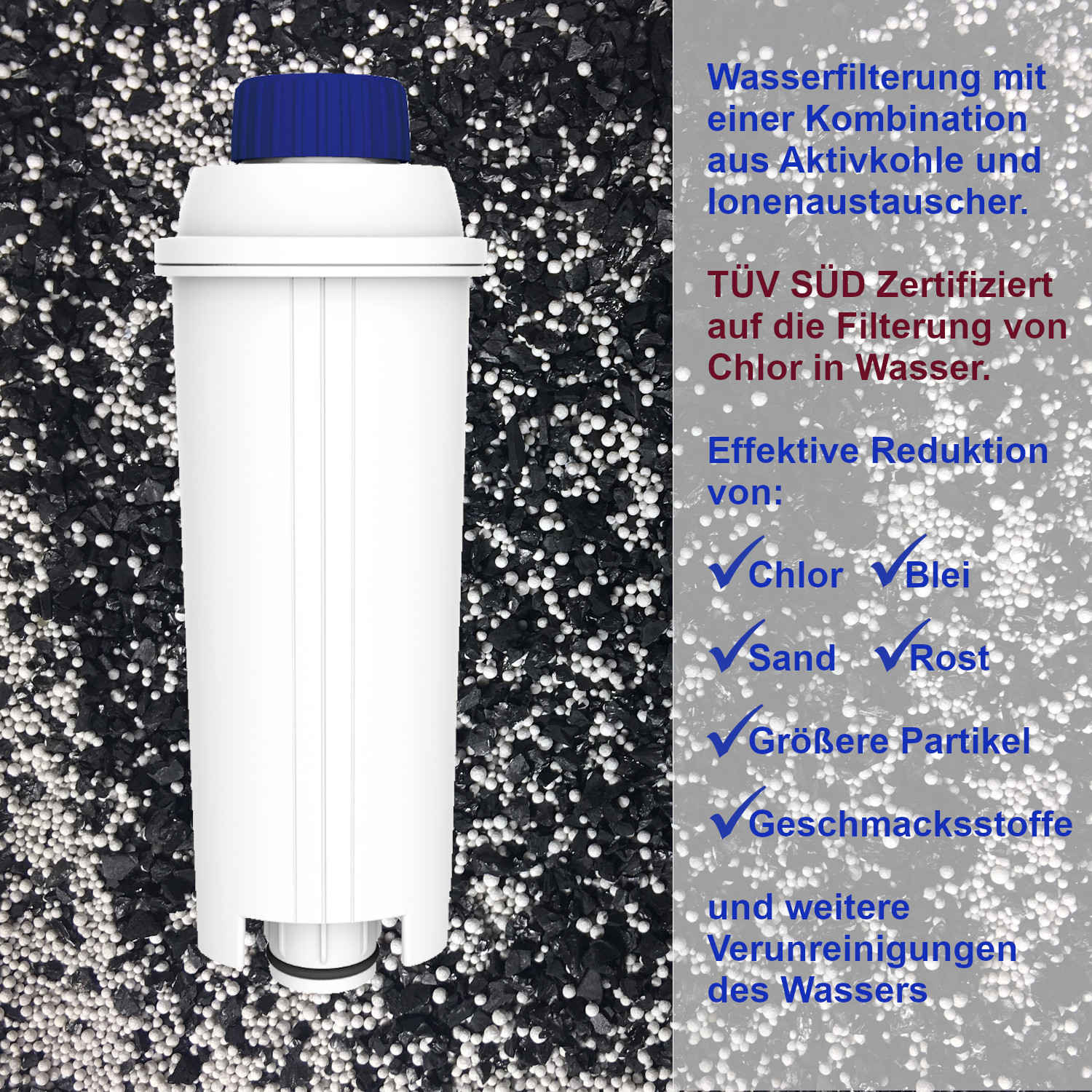 Weißer Wasserfilter mit blauem Deckel und Text auf schwarzen Kieselsteinen. Text listet Vorteile der Wasserreinigung auf.