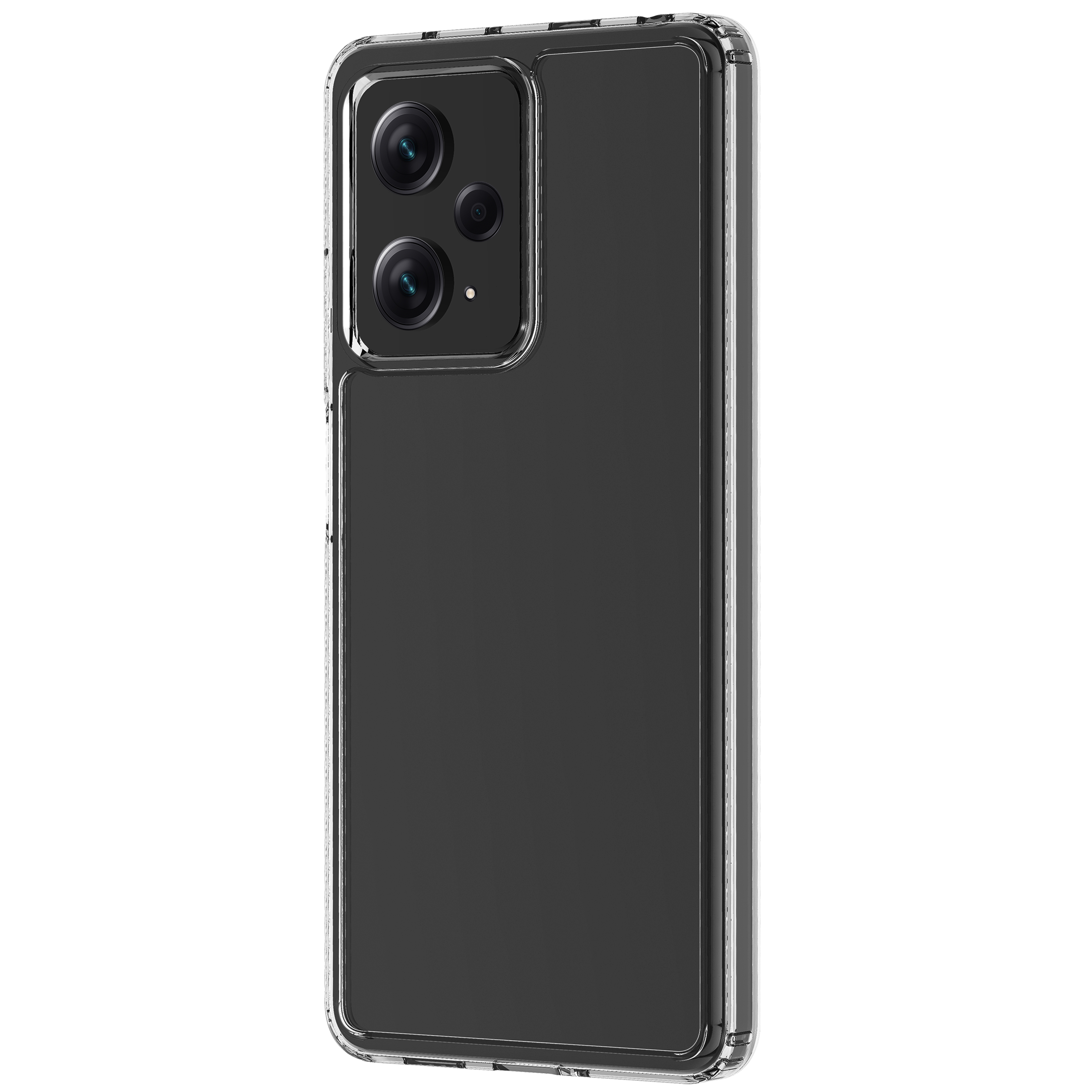 Ein Telefon in einer transparenten Hülle, Rückseite. Das Telefon hat ein schwarzes Kamera-Setup.