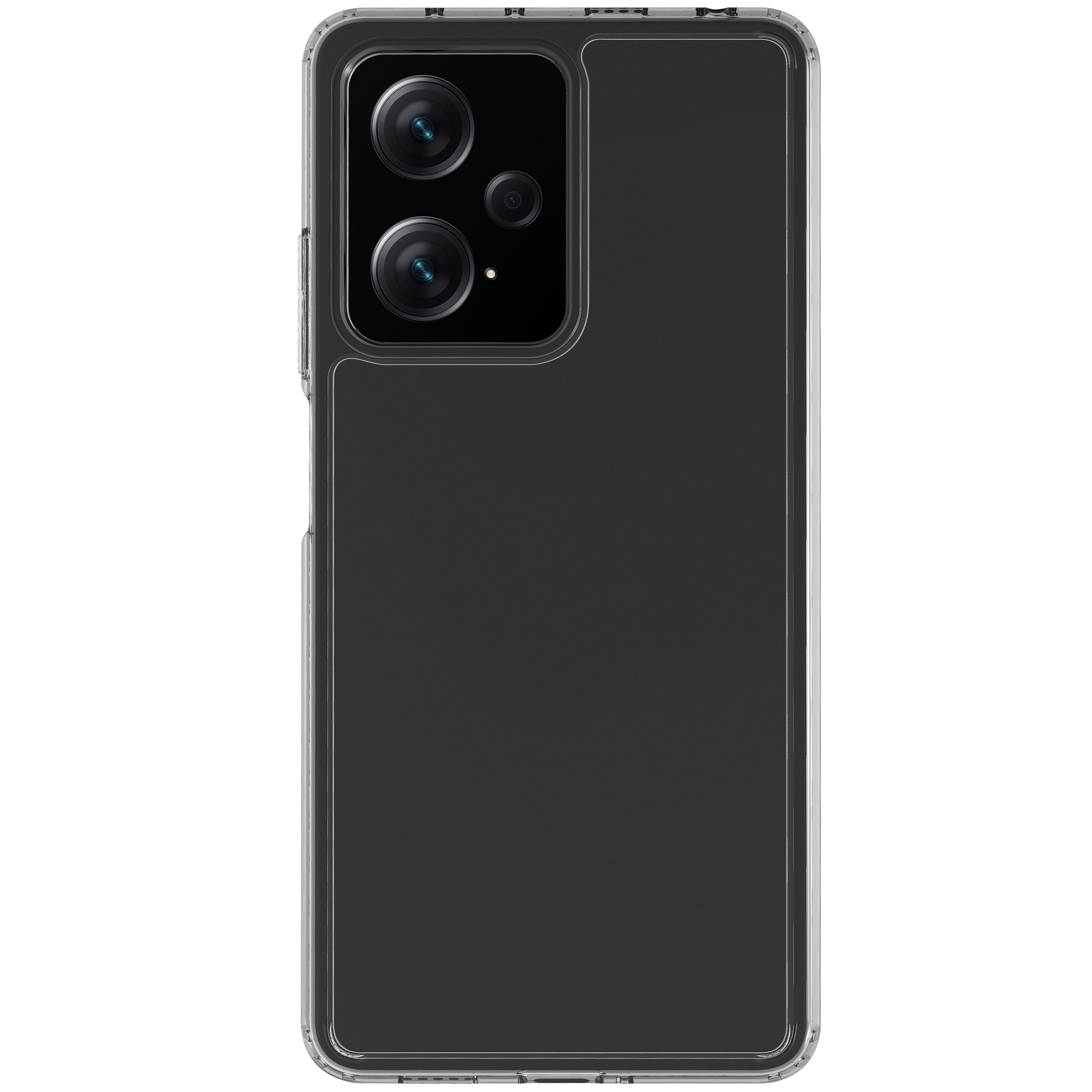 Eine schwarze Smartphone-Rückseite mit drei Kameras in einer transparenten Schutzhülle.