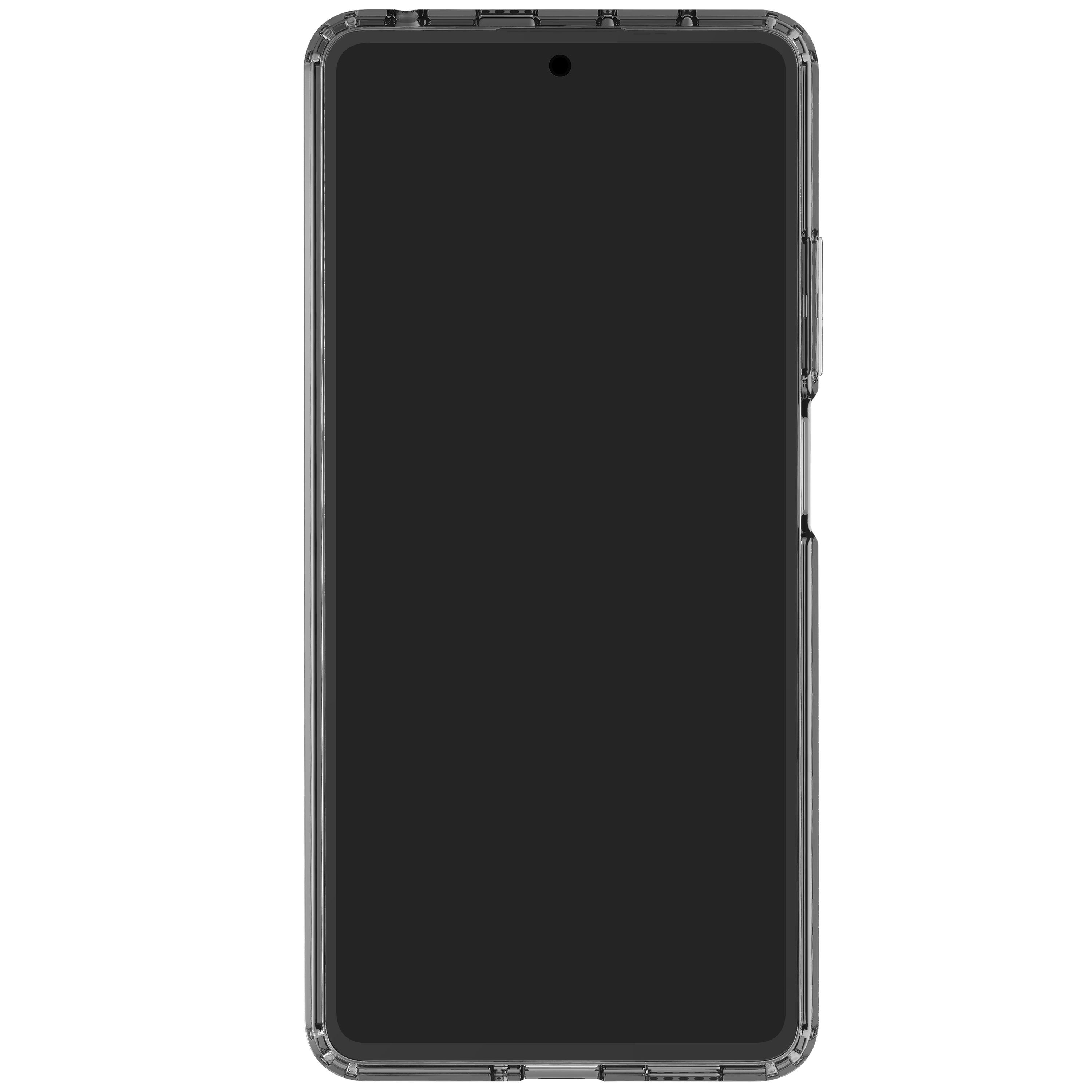Transparente Handyhülle mit schwarzem Bildschirm, zeigt Telefon im Inneren.