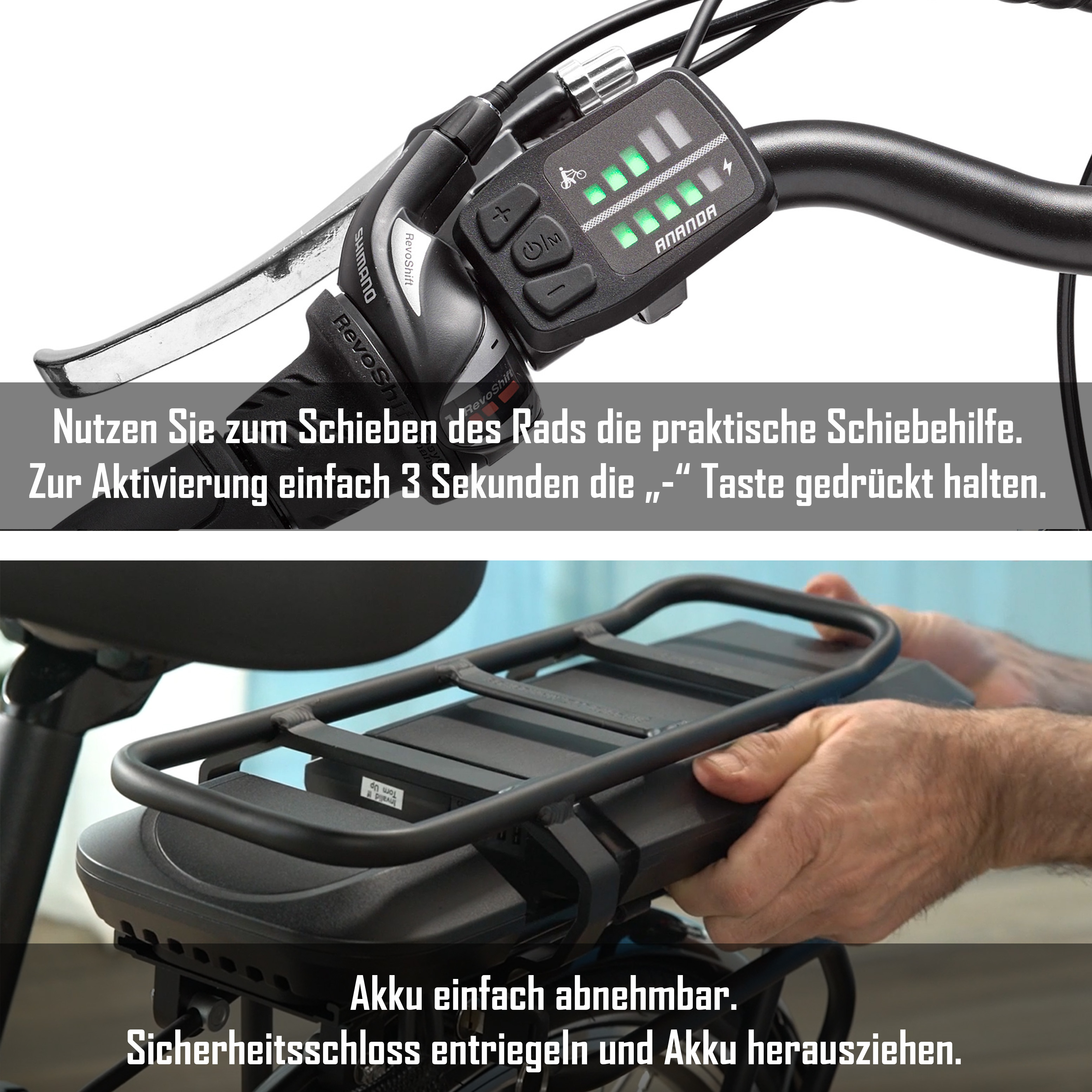 E-Bike-Details. Zeigt einen E-Bike-Griff und Akku. Text weist auf Benutzerfreundlichkeit hin.