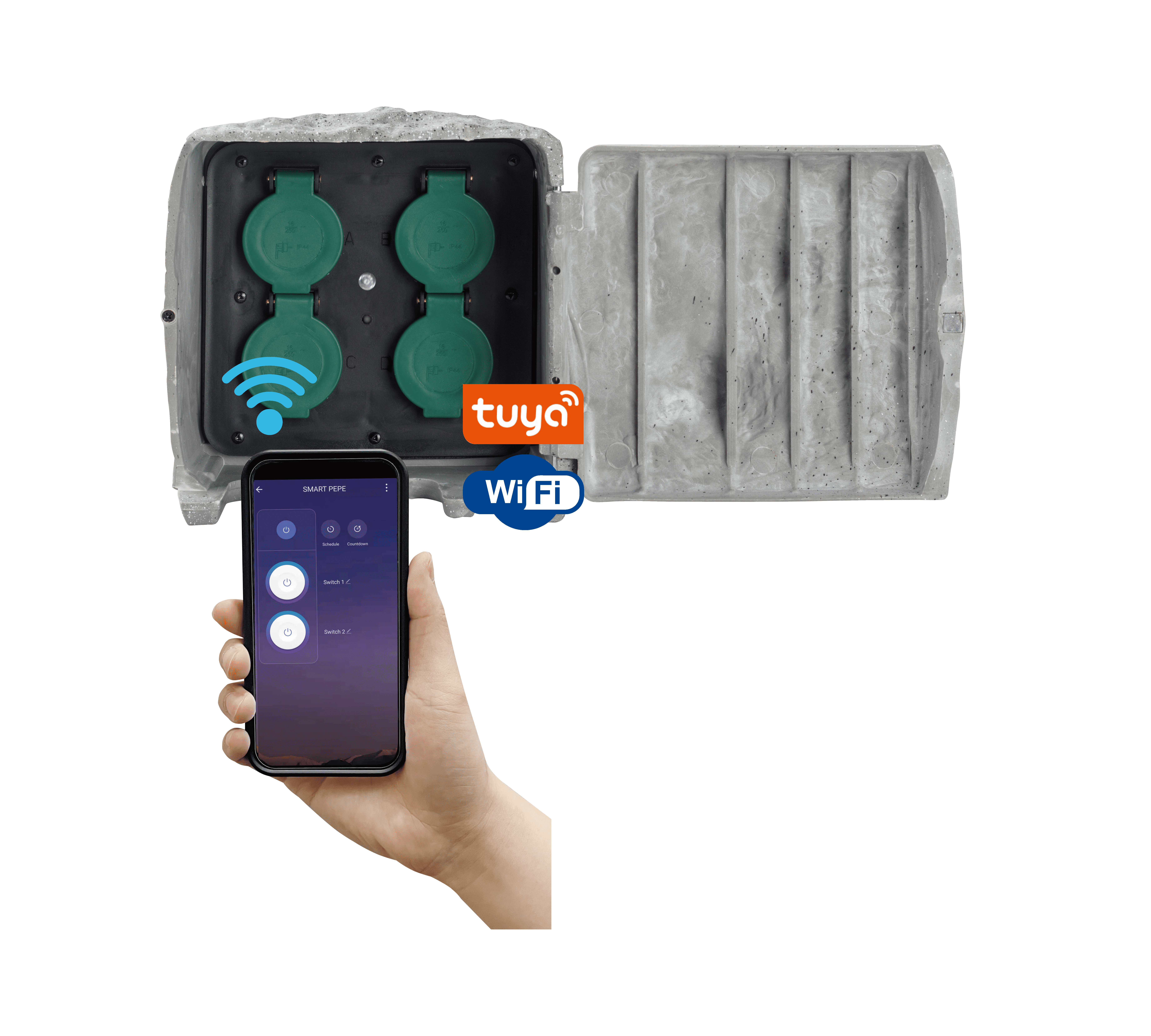 Eine Außensteckdose mit einem intelligenten WLAN-System, das von einem Telefon gesteuert wird.