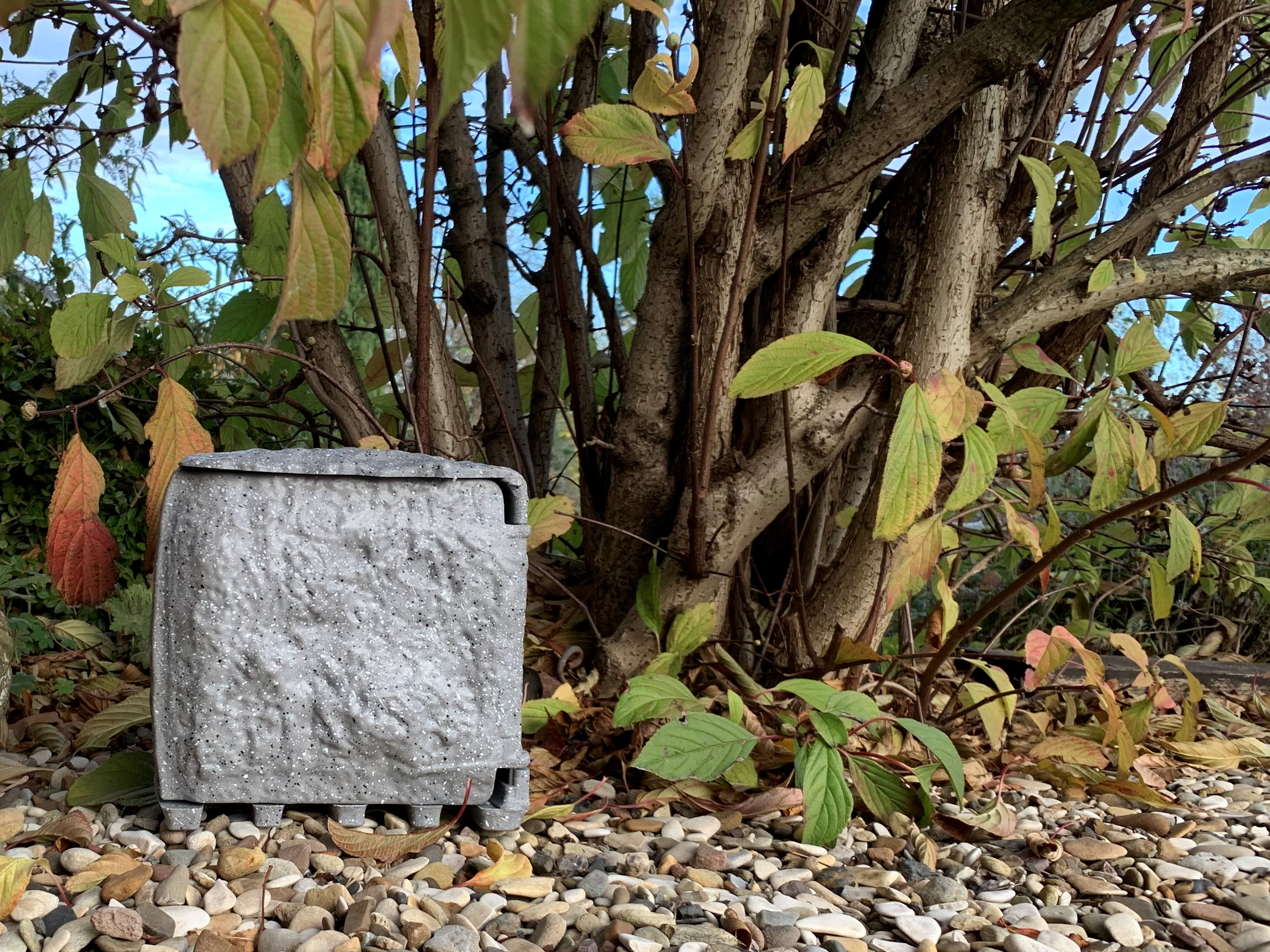 Graue Betonbox neben einem Baum mit Blättern und Steingrund.