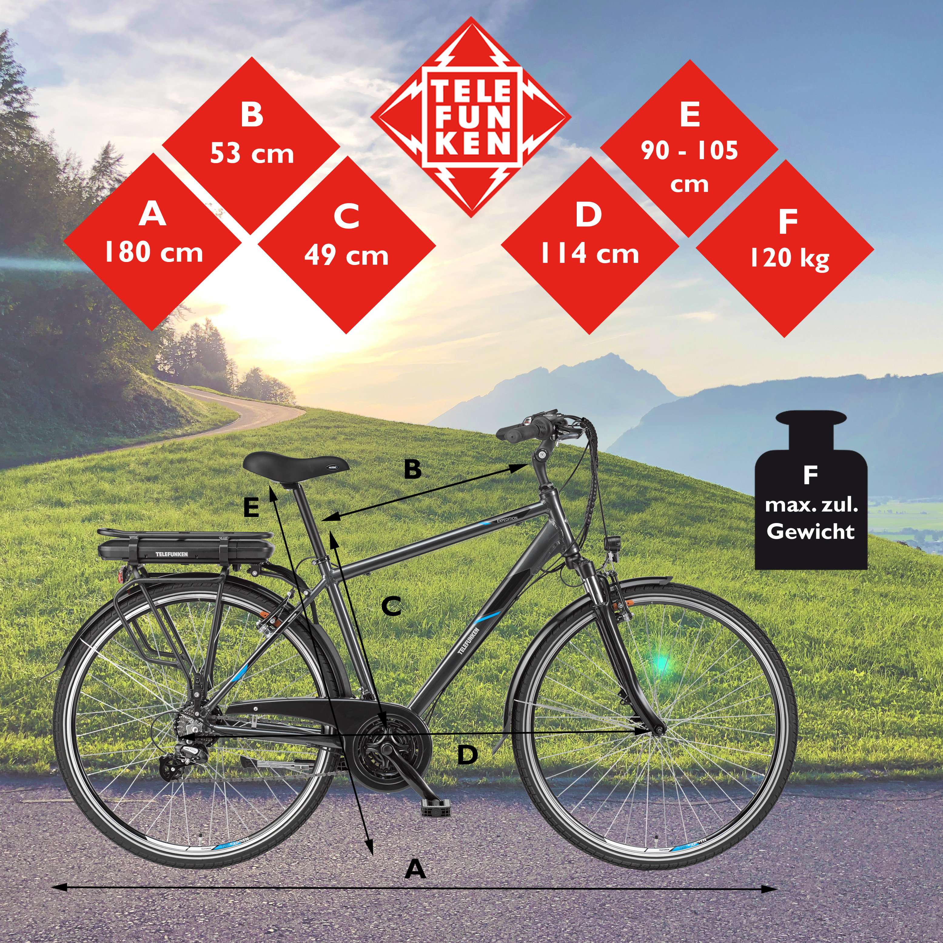 Schwarzes Fahrrad auf einer Straße, mit Maßangaben. Der Hintergrund ist eine grüne Wiese und blauer Himmel.
