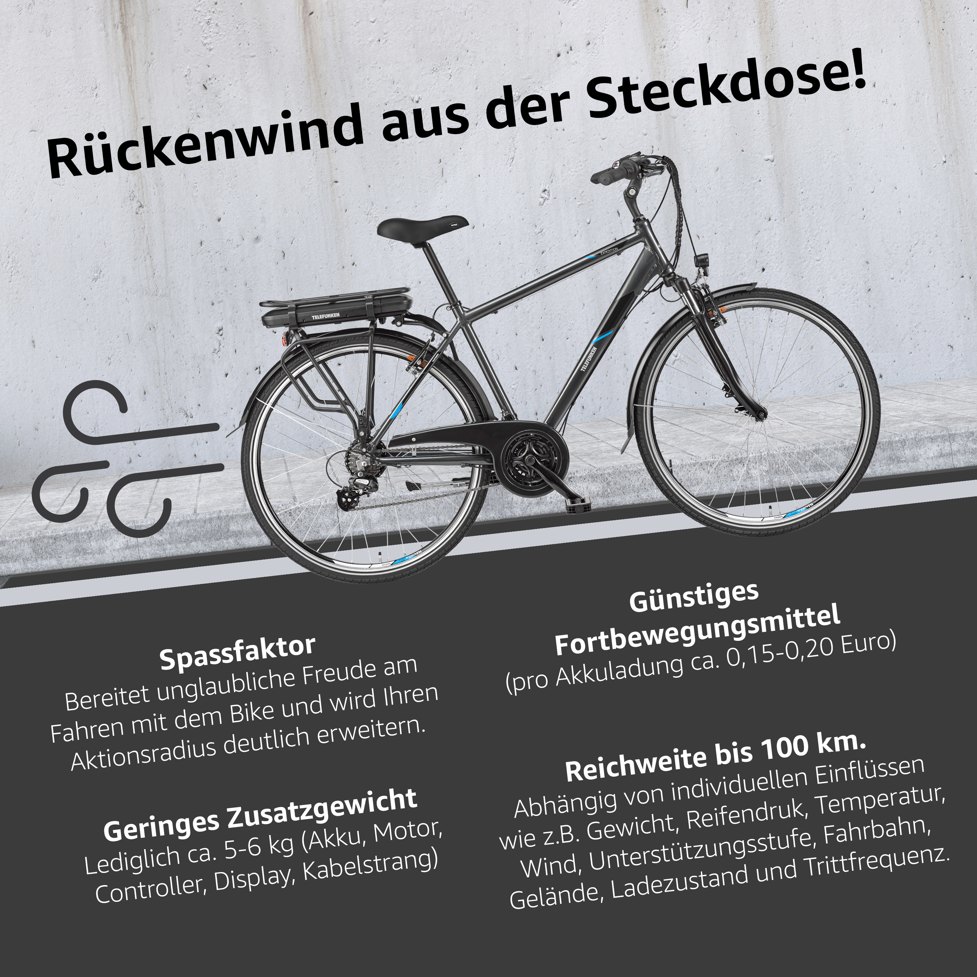 Ein Elektrofahrrad mit Textbeschreibungen und einem Windbild.
