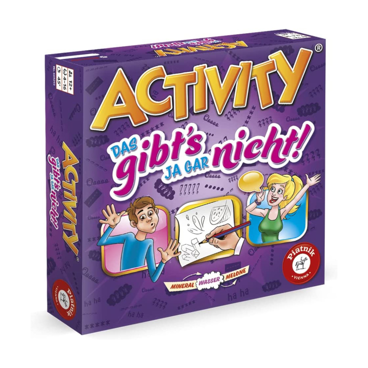 Activity-Spielbox, lila, mit Cartoon-Bildern von Leuten, die das Spiel spielen. Der Titel ist auf Deutsch.