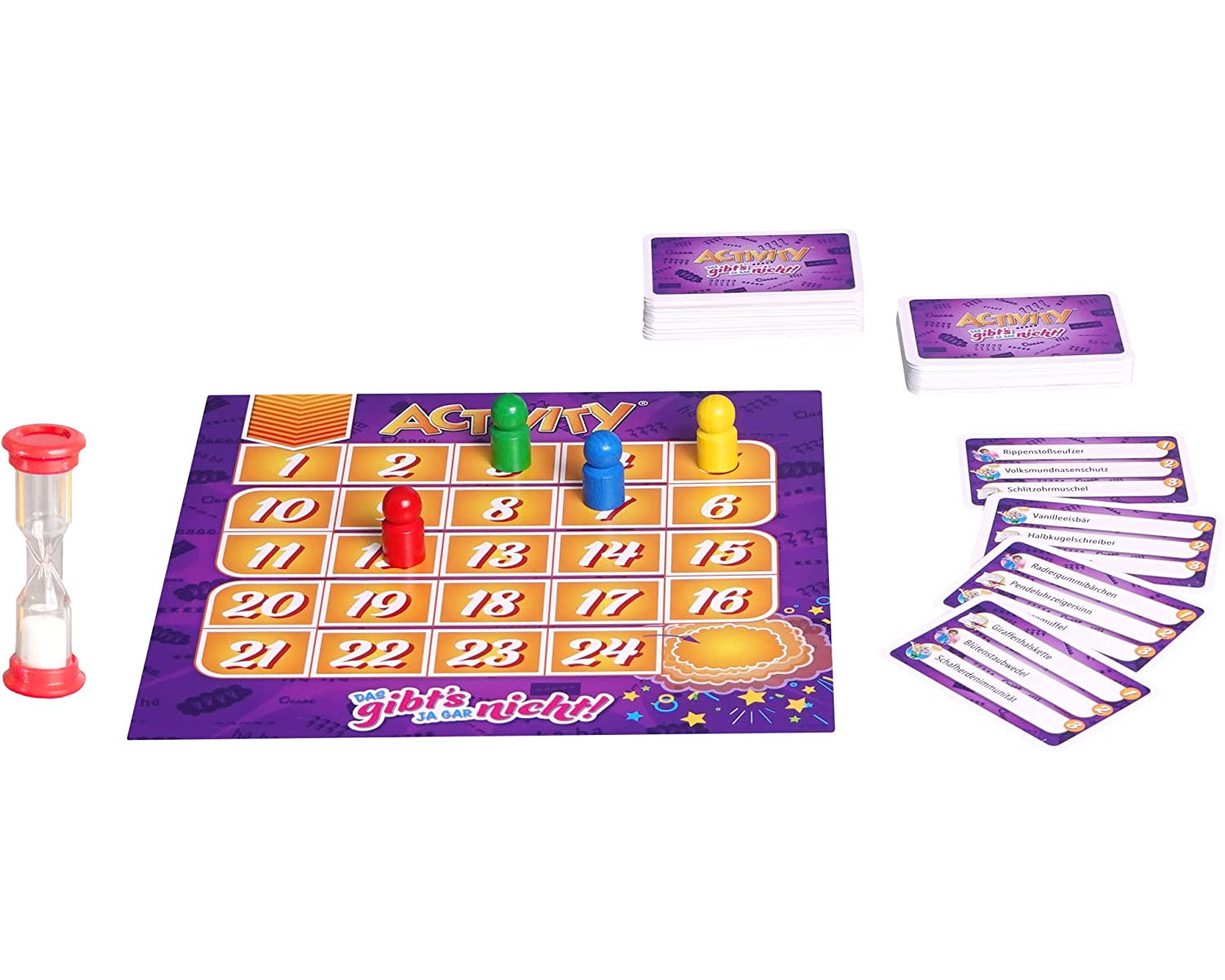 Activity Brettspiel mit Karten, Spielfiguren und einer Sanduhr.