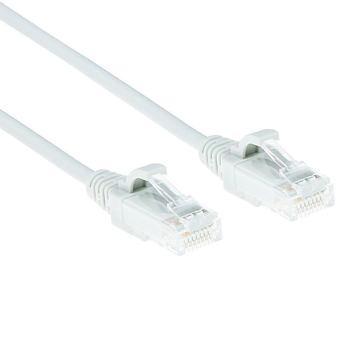 Witte netwerkkabel met twee RJ45-connectoren. De connectoren zijn transparant en bevestigd.