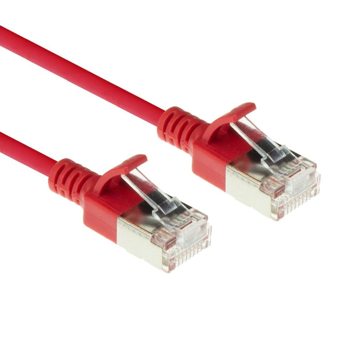 Czerwony kabel Ethernet z wtyczkami. Białe tło. Złącza są srebrne.