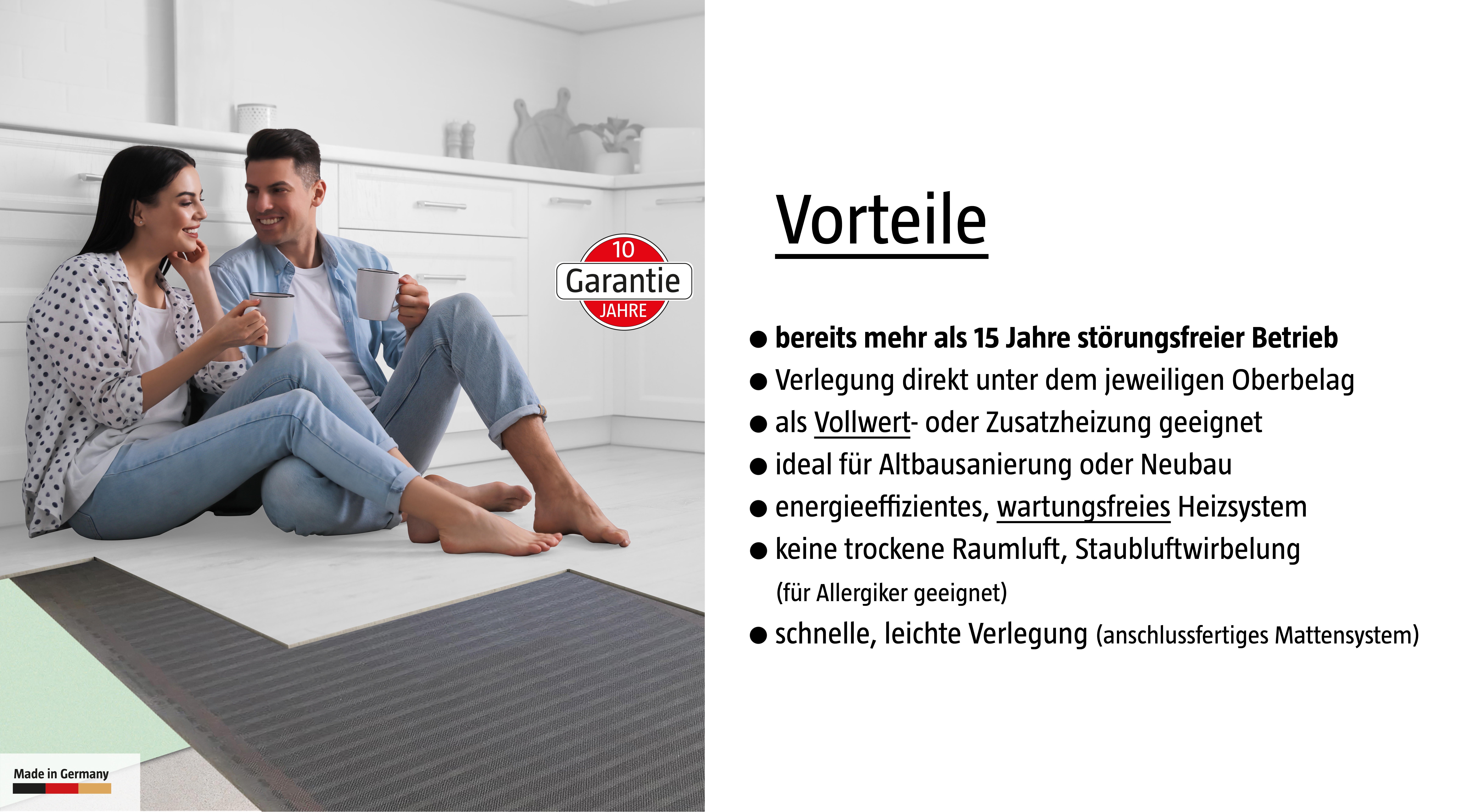 Ein Paar sitzt auf dem Boden und schaut sich an. Text über Vorteile ist rechts. Ein Fußbodenheizungssystem.
