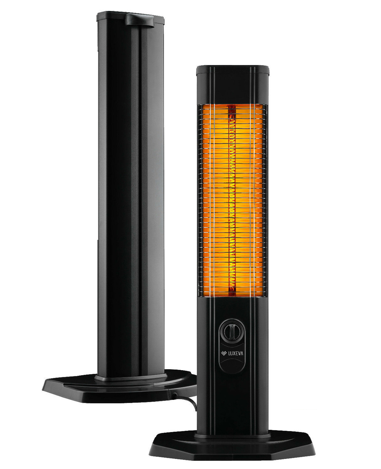 Zwei schwarze elektrische Heizungen, eine mit einem leuchtenden orangefarbenen Heizelement und die andere unbeleuchtet.