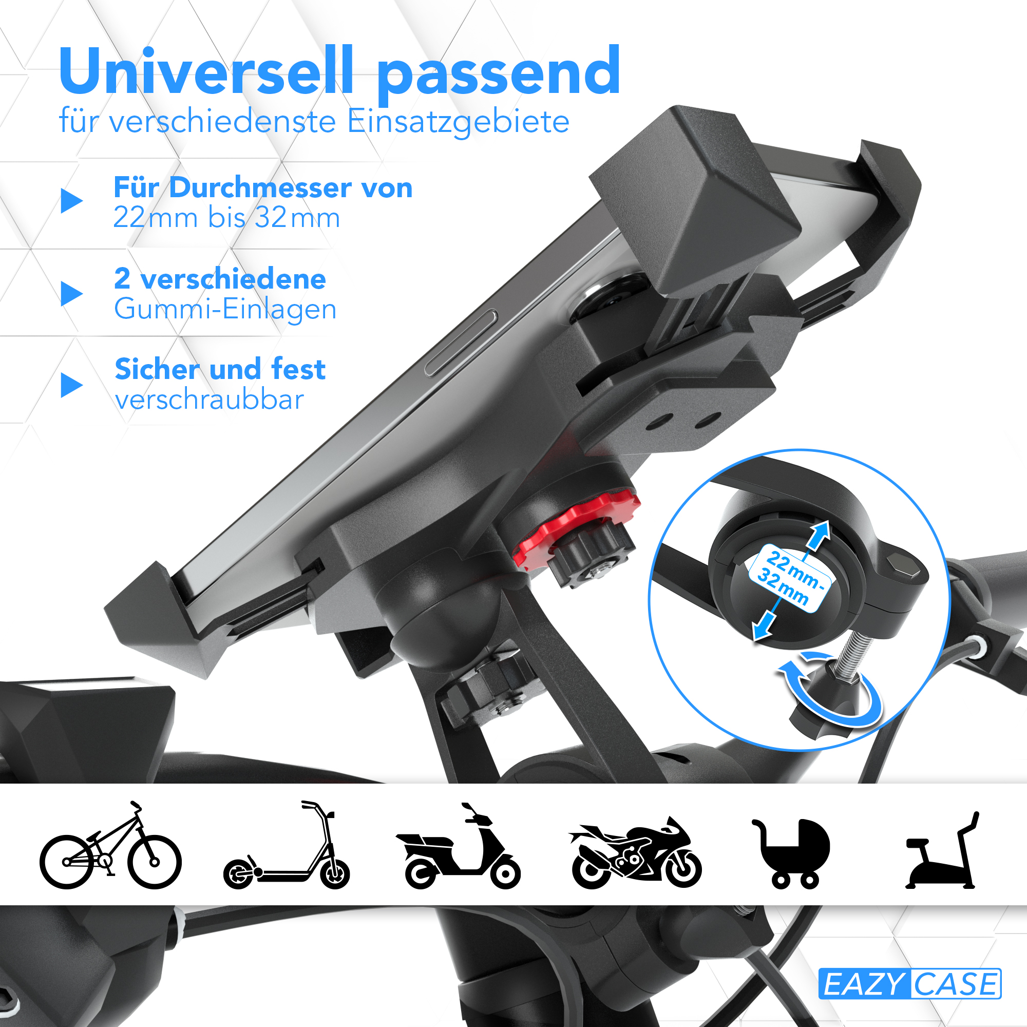 Ein Telefonhalter an einem Fahrradlenker. Text zum Anpassen verschiedener Fahrzeuge. Symbole für Fahrräder, Roller usw.