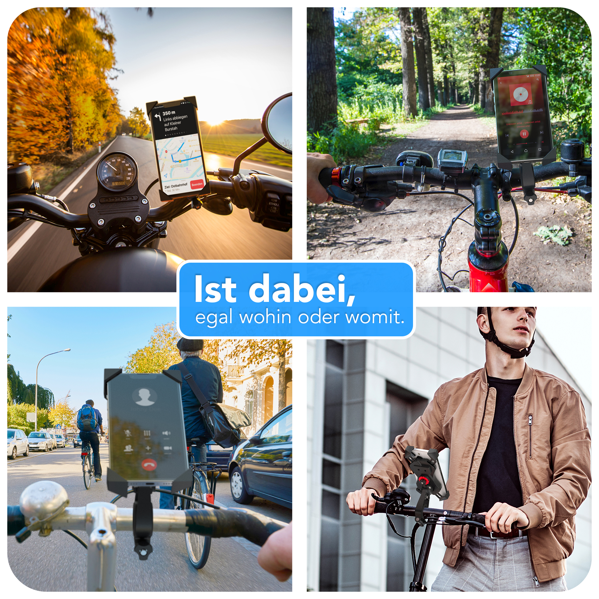 Vier Bilder, die Telefone zeigen, die auf verschiedenen Fahrzeugen montiert sind, darunter Motorrad, Fahrrad und Roller, mit Navigation.