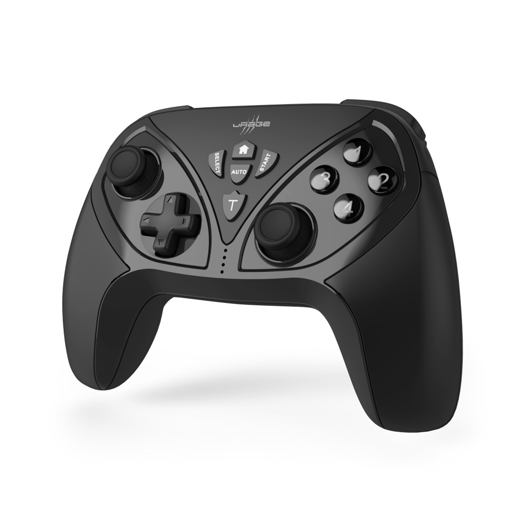 Controller di gioco nero con più pulsanti e joystick, angolato verso lo spettatore su sfondo bianco.