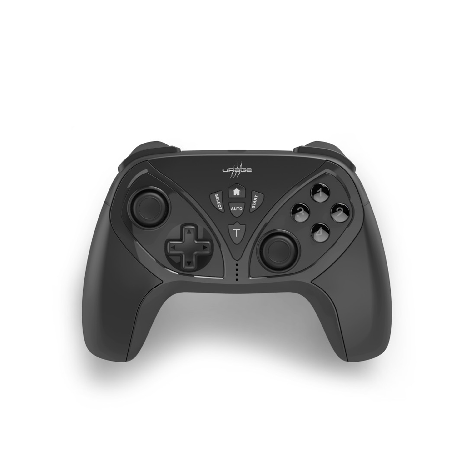 Un gamepad nero con pulsanti e un pad direzionale su sfondo bianco.
