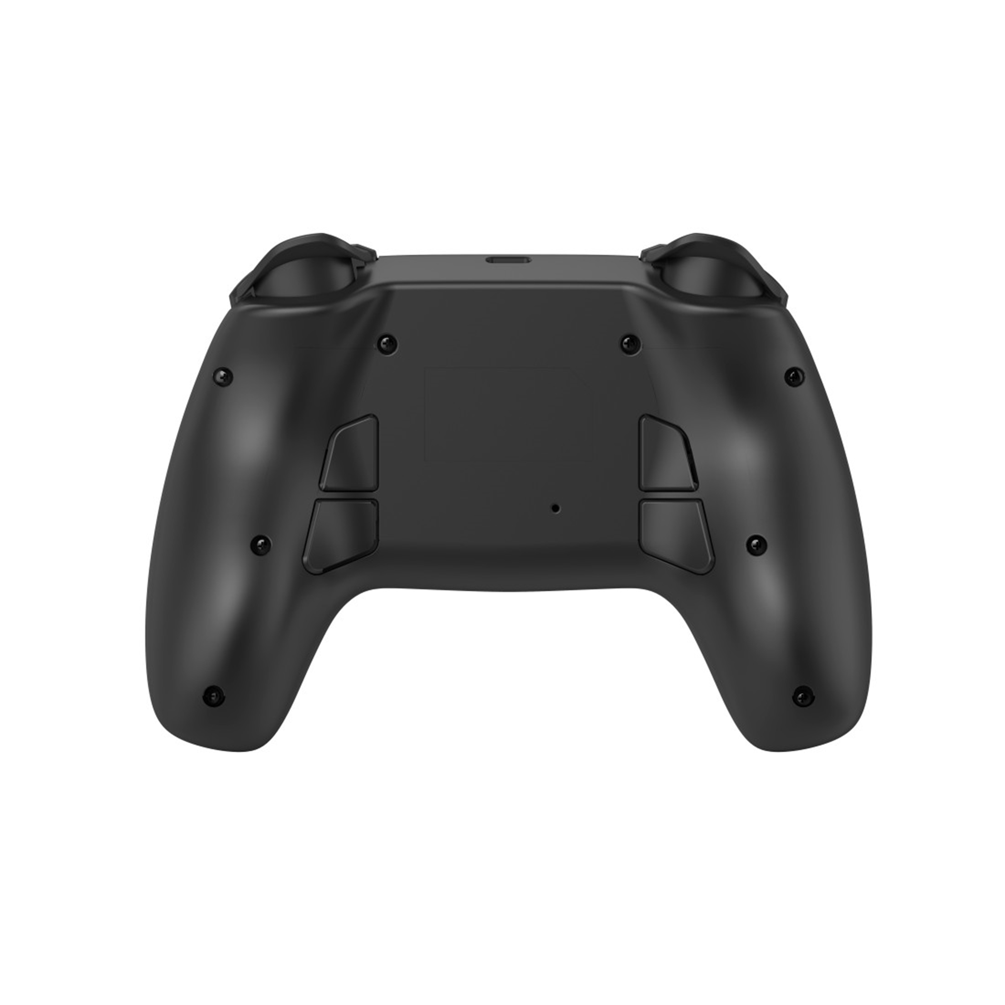 Un controller di gioco nero visto dal retro, con pulsanti e fori per le viti visibili.