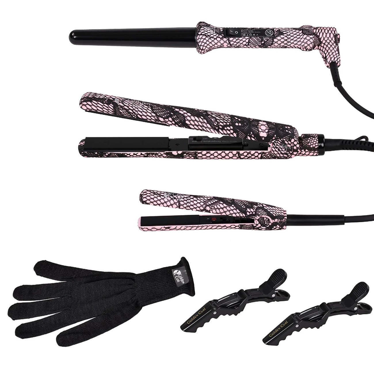 Frisur-Styling-Werkzeuge: Lockenstab, Glätteisen, Haarspangen und ein hitzebeständiger Handschuh.