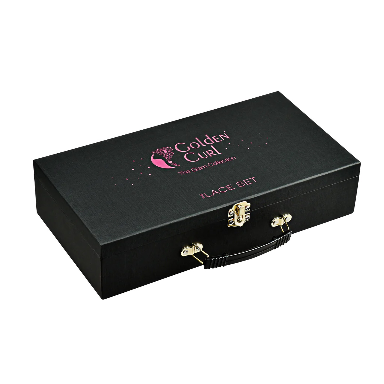 Schwarze Box mit goldenem Text: Golden Curl, The Glam Collection und Lace Set. Griff sichtbar.