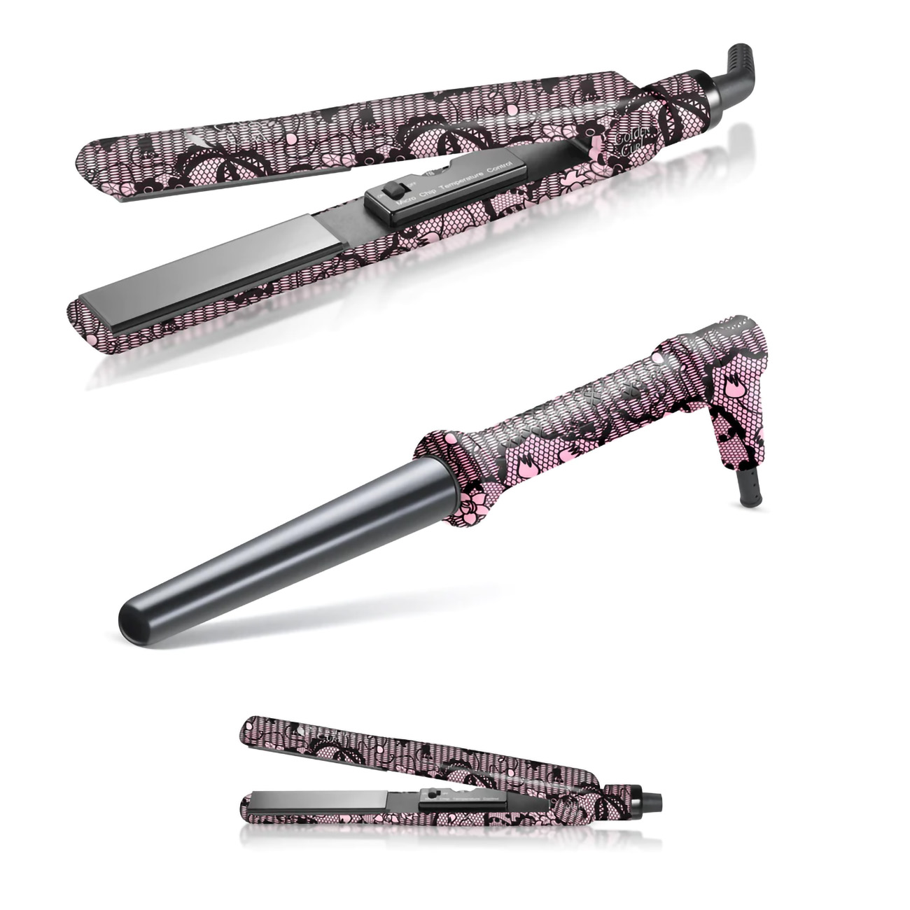 Set von rosa und schwarzen Haarstyling-Werkzeugen mit Spitzenmuster.
