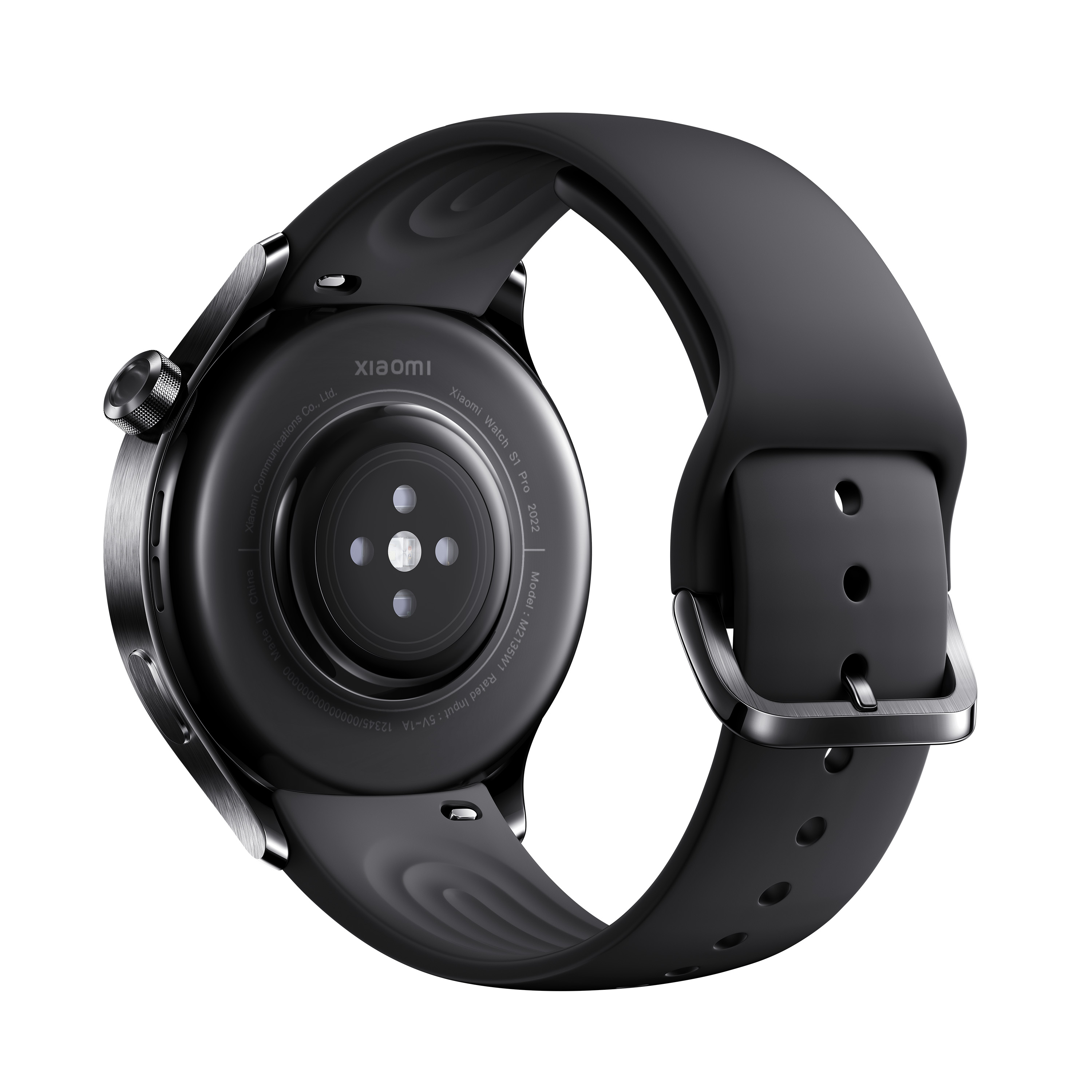 Czarny smartwatch z czarnym paskiem, do dołu. Widoczne logo Xiaomi.