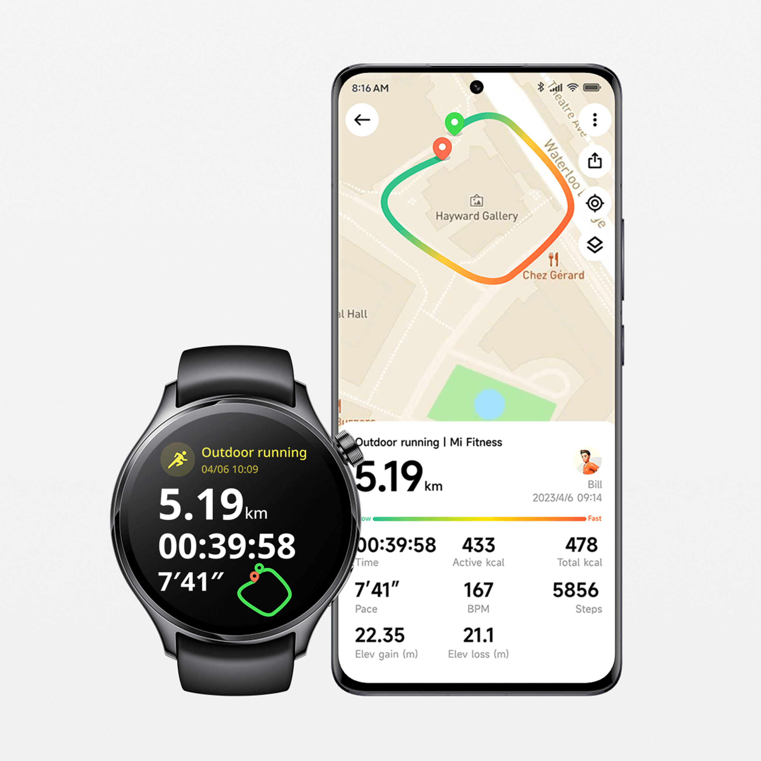 Smartwatch pokazujący mapę trasy biegowej ze statystykami: czas, dystans, tempo.