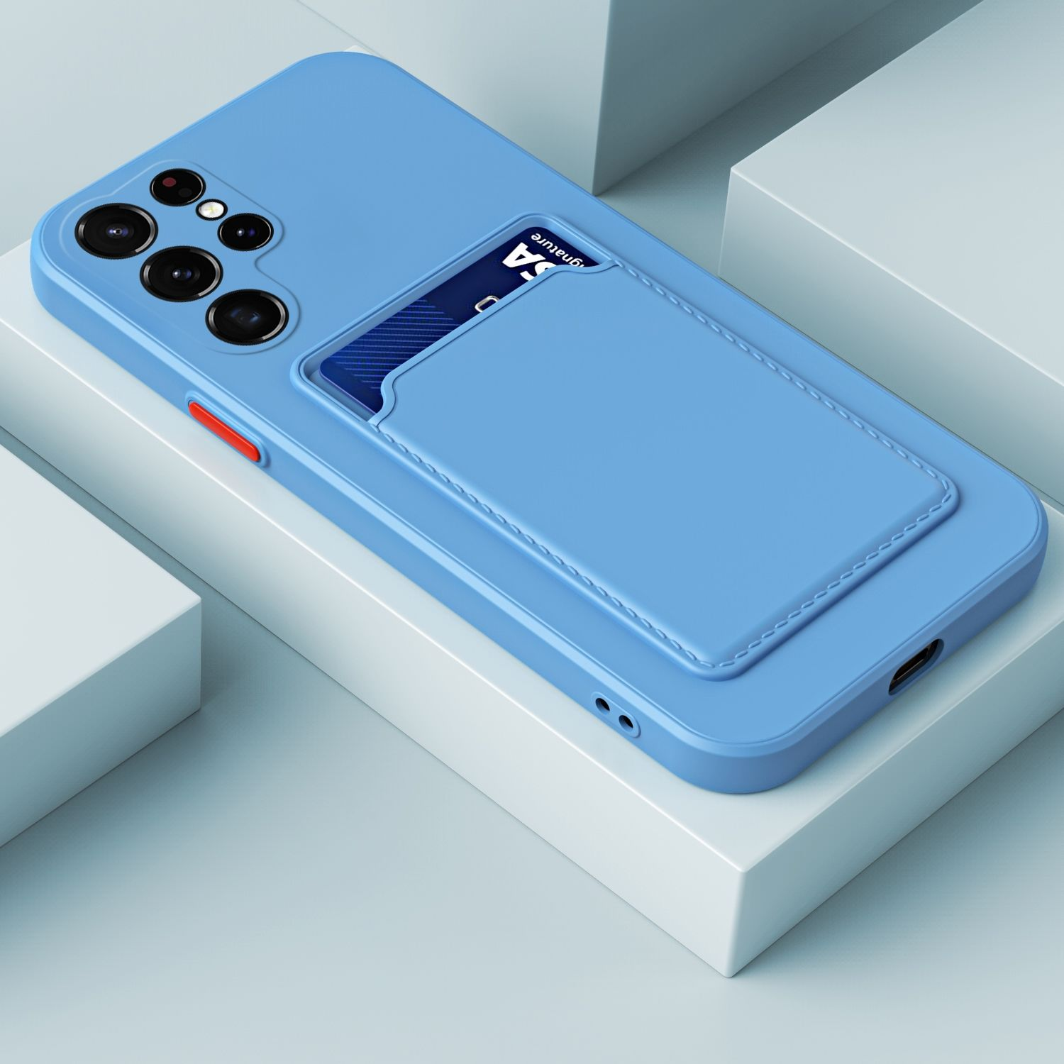 Blaue Handyhülle auf weißer Oberfläche, mit Kartenfach und blauer Karte.