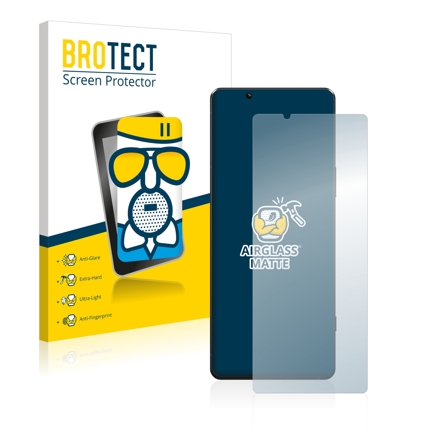 Brotect Displayschutzfolien-Box und Telefon mit angebrachter Displayschutzfolie.