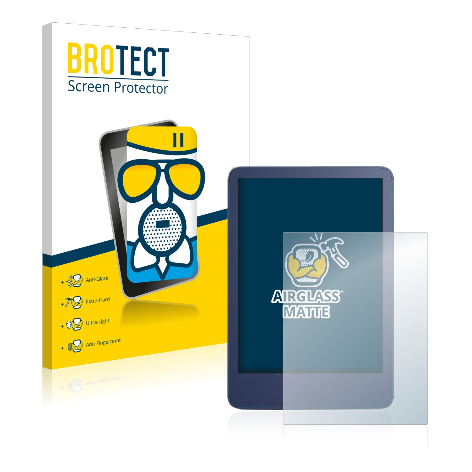 E-Reader mit Displayschutz und Box. Box mit Cartoon-Bild.
