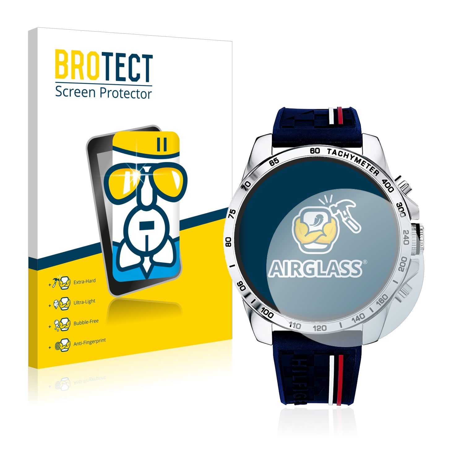 Smartwatch mit Displayschutz, Box mit Logo und Schutz. Displayschutz mit Airglass Label. Weißer Hintergrund.