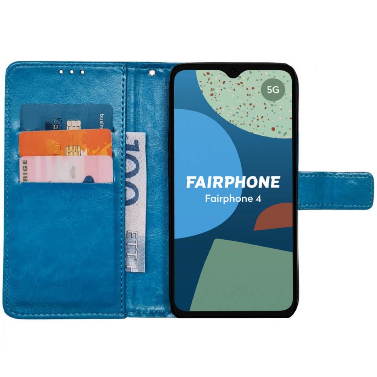 Blaue Leder-Handyhülle, offen, mit Telefon und Kreditkarten sichtbar darin.