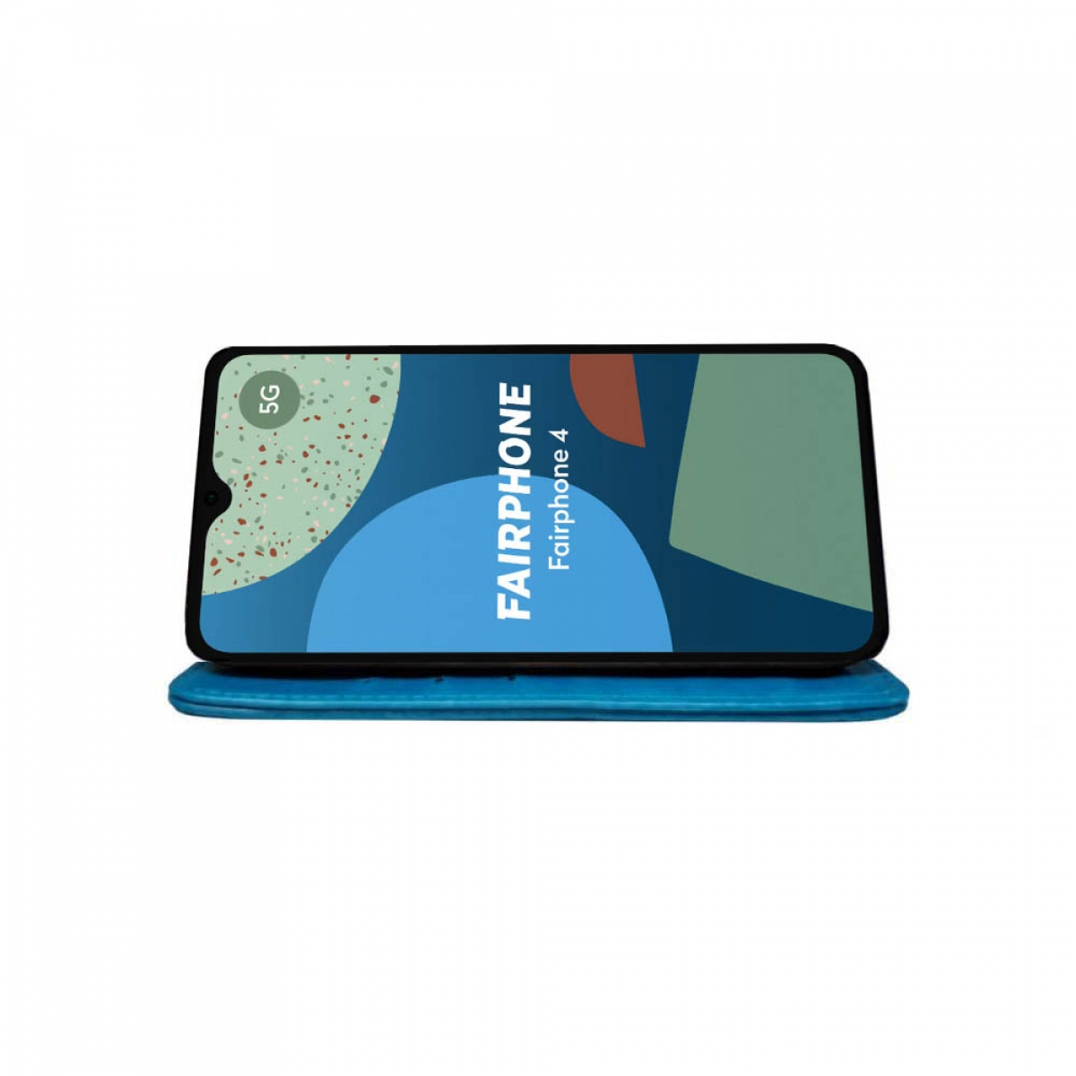 Ein Smartphone mit einem blauen und abstrakten Design auf dem Bildschirm, das auf einer blauen Matte liegt.