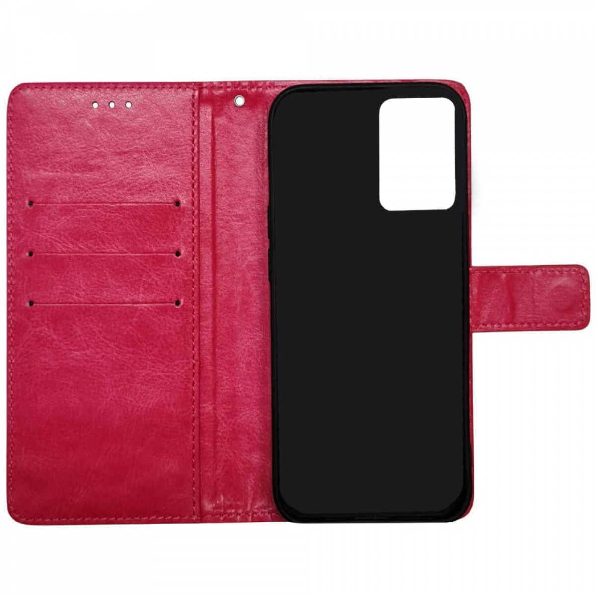 Rote Leder-Handyhülle, geöffnet, um ein schwarzes Telefon freizugeben. Mit Kartenfächern.