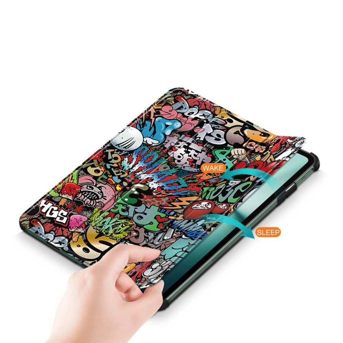 Handy-Hülle mit buntem Graffiti-Design, Hand öffnet die Hülle.